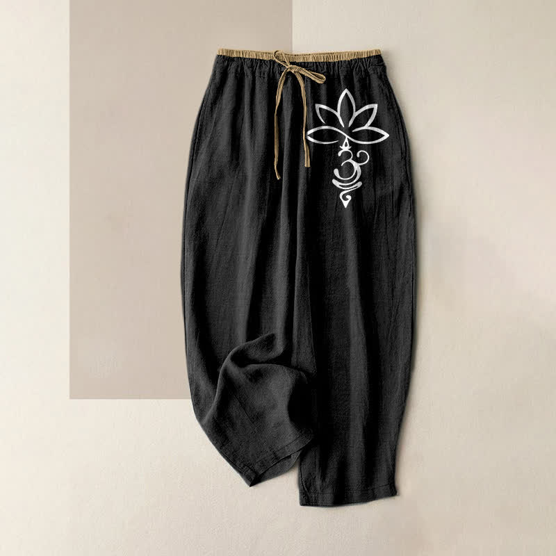 Buddha Stones Pantalon pour femme en pur coton, motif lotus Om, taille élastique et poches - Noir - US16，UK/AU20，EU48 (3XL) - image 0