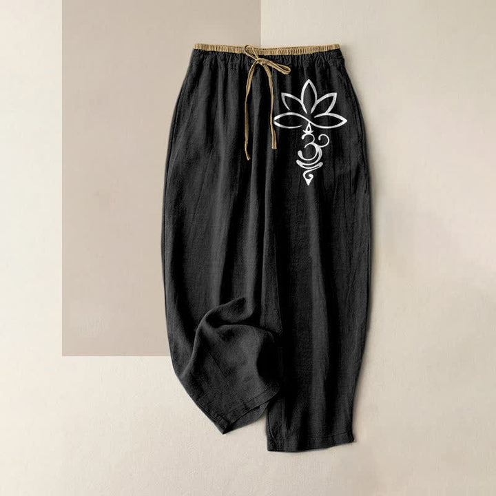 Buddha Stones Pantalon pour femme en pur coton, motif lotus Om, taille élastique et poches - Noir - US16，UK/AU20，EU48 (3XL) - image 0
