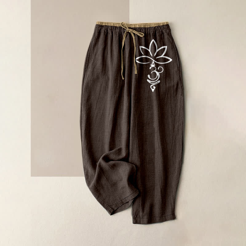 Buddha Stones Pantalon pour femme en pur coton, motif lotus Om, taille élastique et poches - SaddleBrown - US16，UK/AU20，EU48 (3XL) - image 8