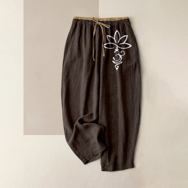 Buddha Stones Pantalon pour femme en pur coton, motif lotus Om, taille élastique et poches - SaddleBrown - US16，UK/AU20，EU48 (3XL) - image 8