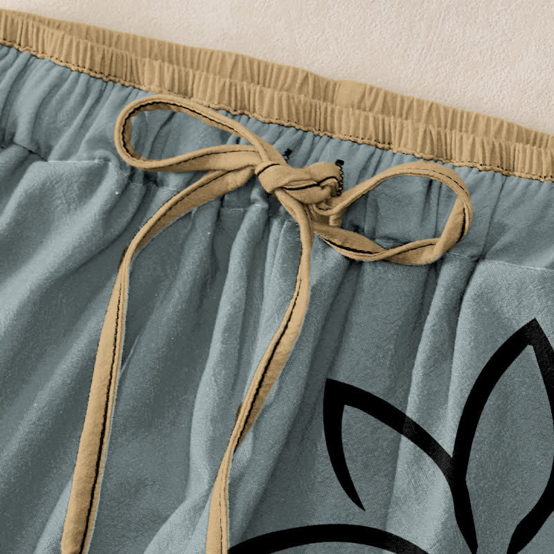 Buddha Stones Pantalon pour femme en pur coton, motif lotus Om, taille élastique et poches - image 5