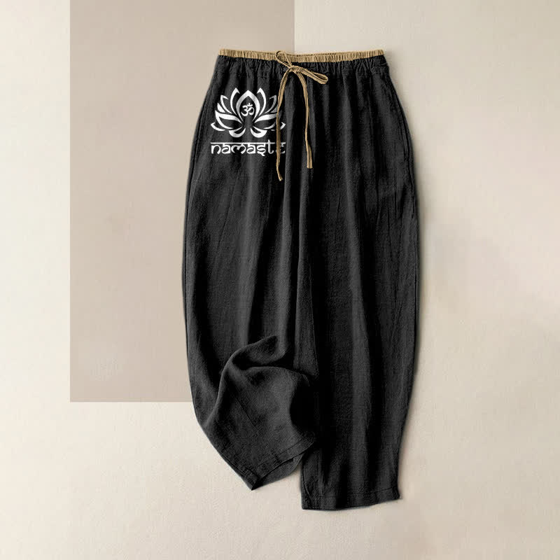 Buddha Stones Pantalon pour femme en pur coton, motif lotus Namaste, taille élastique et poches - Noir - US16，UK/AU20，EU48 (3XL) - image 0