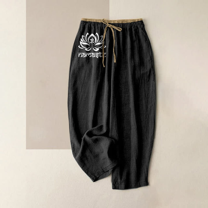 Buddha Stones Pantalon pour femme en pur coton, motif lotus Namaste, taille élastique et poches - Noir - US16，UK/AU20，EU48 (3XL) - image 0
