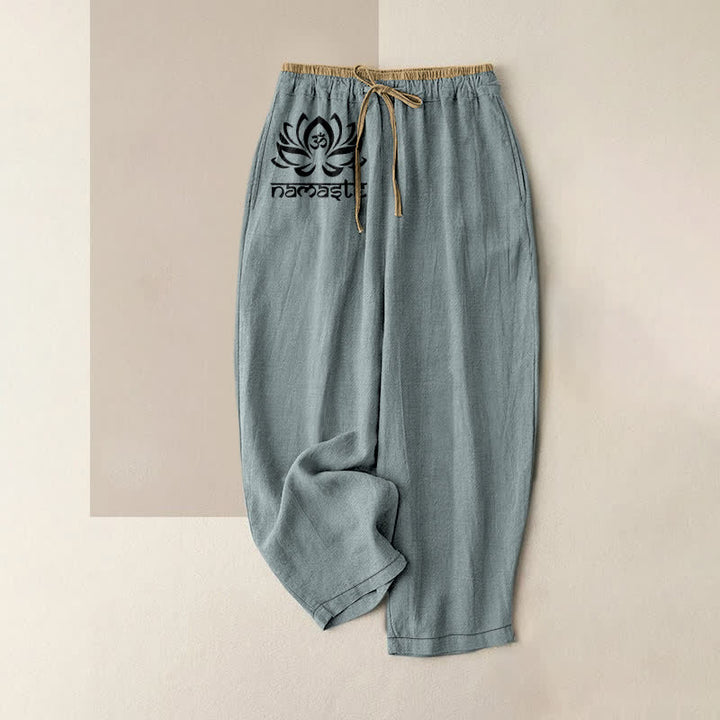Buddha Stones Pantalon pour femme en pur coton, motif lotus Namaste, taille élastique et poches - CadetBlue - US16，UK/AU20，EU48 (3XL) - image 8