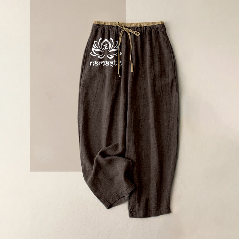 Buddha Stones Pantalon pour femme en pur coton, motif lotus Namaste, taille élastique et poches - SaddleBrown - US16，UK/AU20，EU48 (3XL) - image 4
