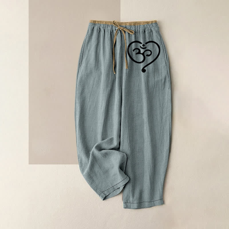 Buddha Stones Pantalon pour femme en pur coton, motif cœur Zen Om, taille élastique et poches - CadetBlue - US16，UK/AU20，EU48 (3XL) - image 8