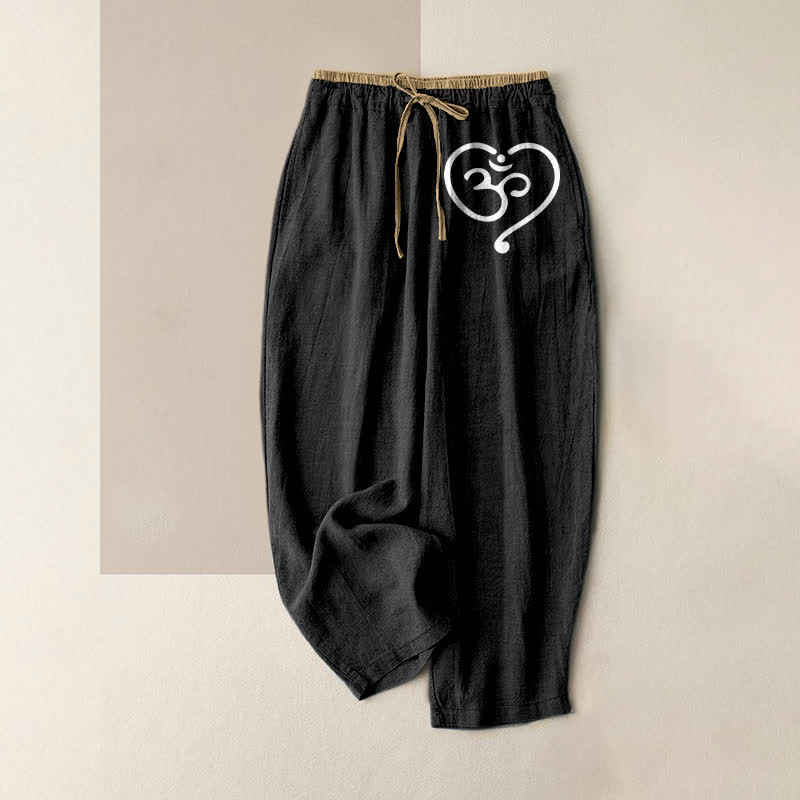 Buddha Stones Pantalon pour femme en pur coton, motif cœur Zen Om, taille élastique et poches - Noir - US16，UK/AU20，EU48 (3XL) - image 0