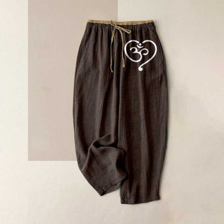 Buddha Stones Pantalon pour femme en pur coton, motif cœur Zen Om, taille élastique et poches - SaddleBrown - US16，UK/AU20，EU48 (3XL) - image 4