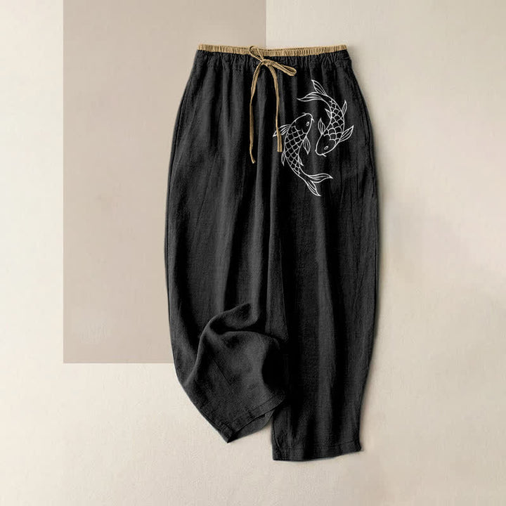 Buddha Stones Pantalon pour femme en pur coton avec motif de carpes koï zen, taille élastique et poches - Noir - US16，UK/AU20，EU48 (3XL) - image 4