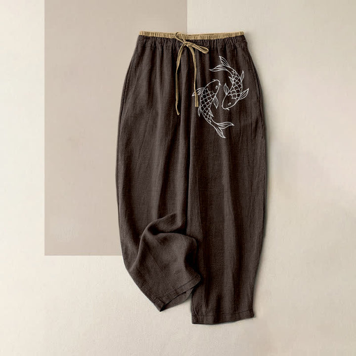 Buddha Stones Pantalon pour femme en pur coton avec motif de carpes koï zen, taille élastique et poches - SaddleBrown - US16，UK/AU20，EU48 (3XL) - image 8