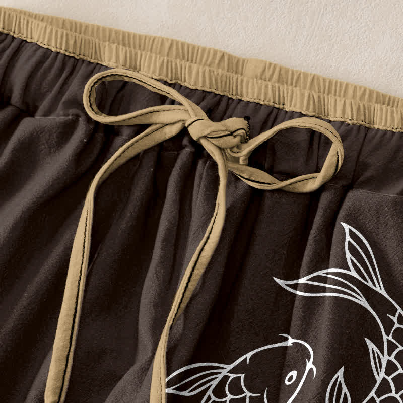 Buddha Stones Pantalon pour femme en pur coton avec motif de carpes koï zen, taille élastique et poches - image 9