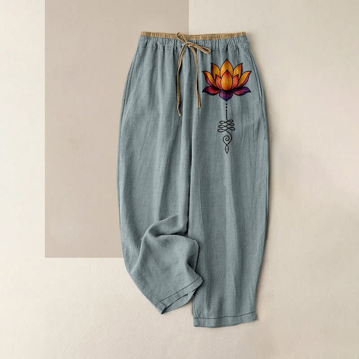 Buddha Stones Pantalon pour femme en pur coton, motif lotus orange, taille élastique et poches - CadetBlue - US16，UK/AU20，EU48 (3XL) - image 8