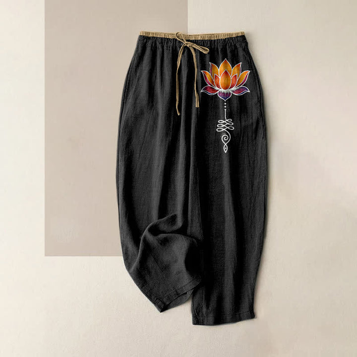 Buddha Stones Pantalon pour femme en pur coton, motif lotus orange, taille élastique et poches - Noir - US16，UK/AU20，EU48 (3XL) - image 0