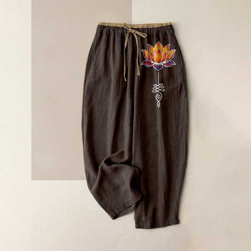 Buddha Stones Pantalon pour femme en pur coton, motif lotus orange, taille élastique et poches - SaddleBrown - US16，UK/AU20，EU48 (3XL) - image 4