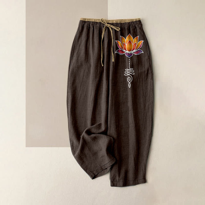 Buddha Stones Pantalon pour femme en pur coton, motif lotus orange, taille élastique et poches - SaddleBrown - US16，UK/AU20，EU48 (3XL) - image 4