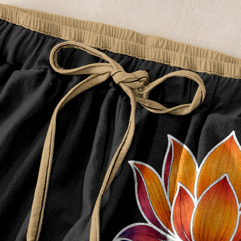 Buddha Stones Pantalon pour femme en pur coton, motif lotus orange, taille élastique et poches - image 1