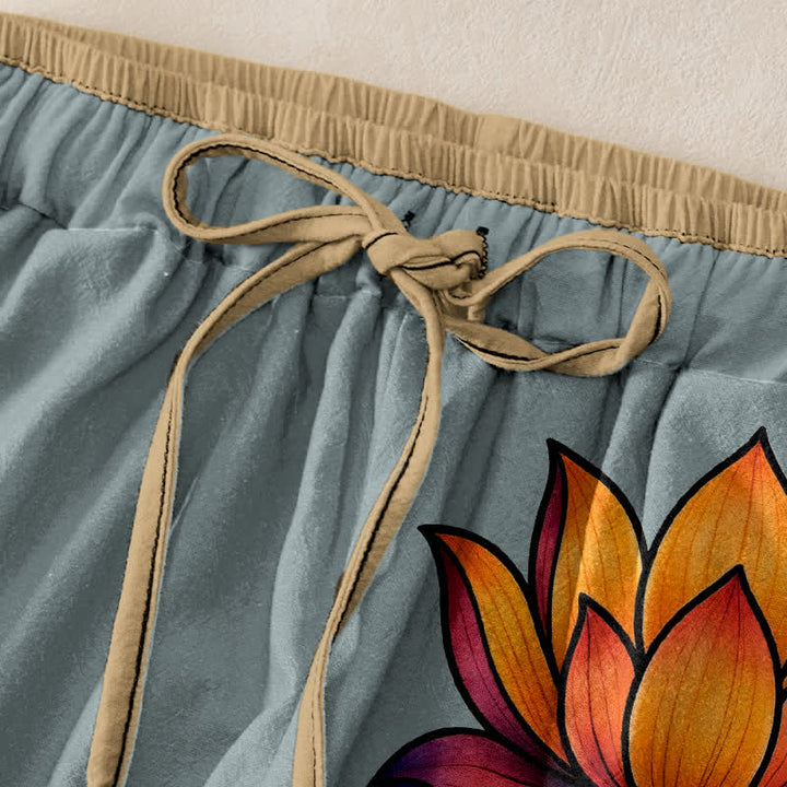 Buddha Stones Pantalon pour femme en pur coton, motif lotus orange, taille élastique et poches - image 9