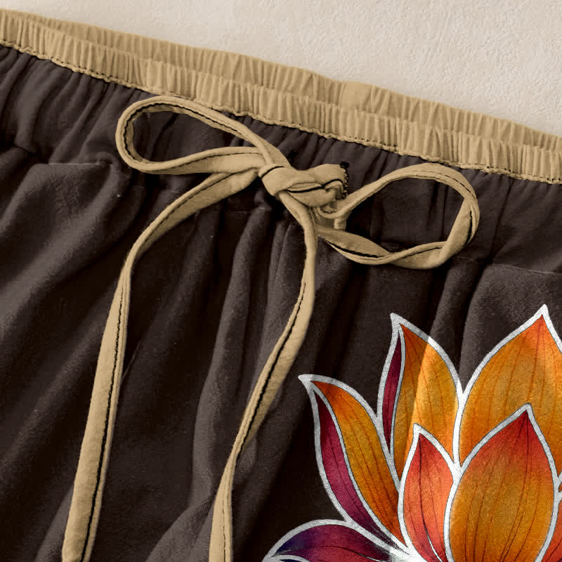 Buddha Stones Pantalon pour femme en pur coton, motif lotus orange, taille élastique et poches - image 5