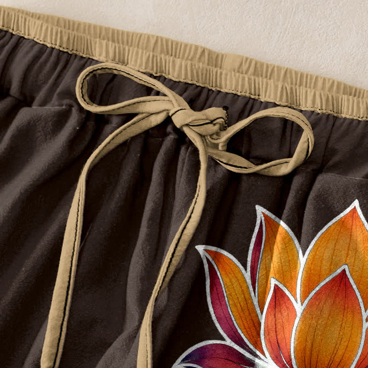 Buddha Stones Pantalon pour femme en pur coton, motif lotus orange, taille élastique et poches - image 5
