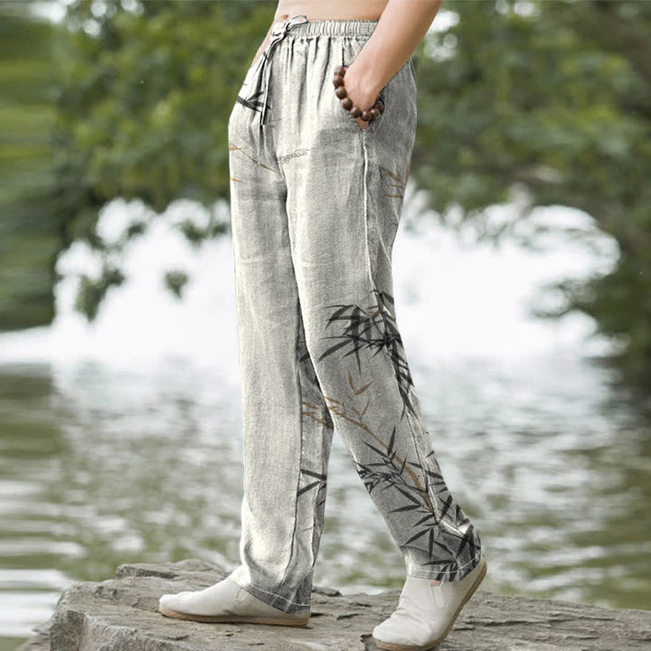 Buddha Stones Pantalon fuselé pour homme en coton imprimé bambou avec poches - image 1