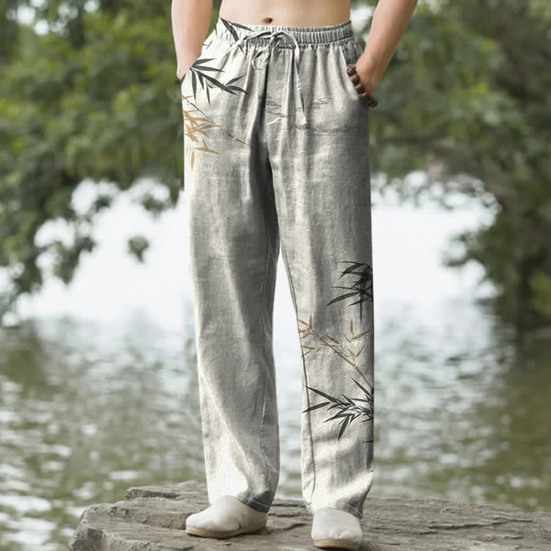Buddha Stones Pantalon fuselé pour homme en coton imprimé bambou avec poches - Lin - US/UK/AU50，EU60 (5XL) - image 0