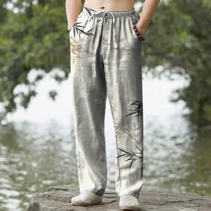 Buddha Stones Pantalon fuselé pour homme en coton imprimé bambou avec poches - Lin - US/UK/AU50，EU60 (5XL) - image 0