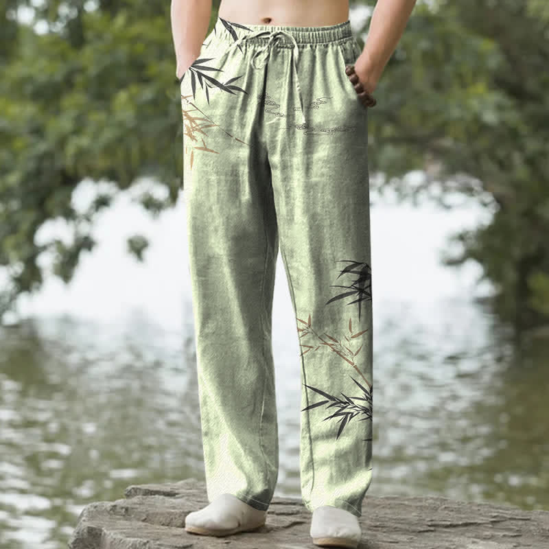 Buddha Stones Pantalon fuselé pour homme en coton imprimé bambou avec poches - Vert clair - US/UK/AU50，EU60 (5XL) - image 4