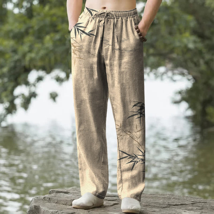 Buddha Stones Pantalon fuselé pour homme en coton imprimé bambou avec poches - Tanné - US/UK/AU50，EU60 (5XL) - image 6