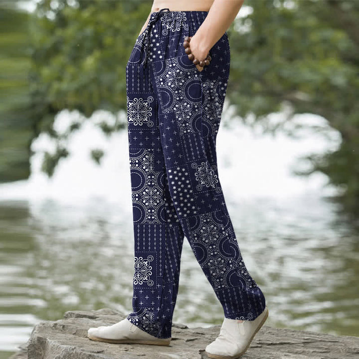 Buddha Stones Pantalon fuselé pour homme en coton à motif bandana bohème et poches - image 1