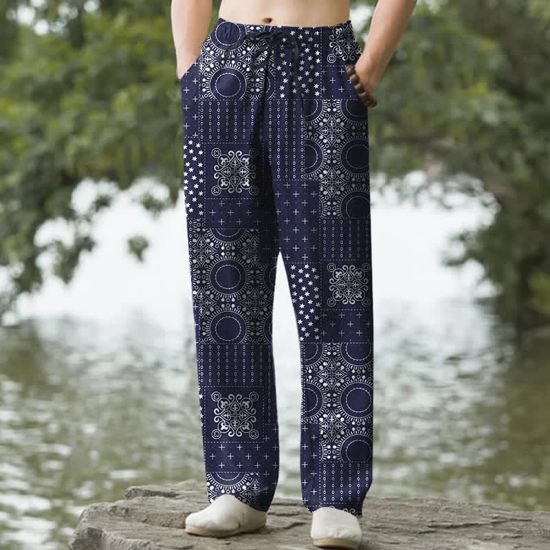 Buddha Stones Pantalon fuselé pour homme en coton à motif bandana bohème et poches - Marine - US/UK/AU50，EU60 (5XL) - image 0