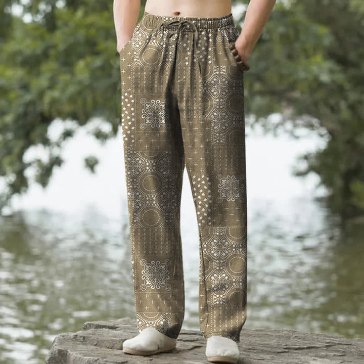 Buddha Stones Pantalon fuselé pour homme en coton à motif bandana bohème et poches - Kaki foncé - US/UK/AU50，EU60 (5XL) - image 4