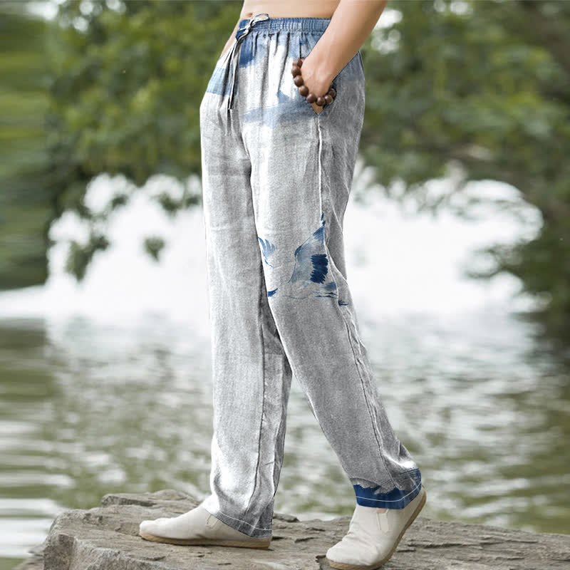 Buddha Stones Pantalon fuselé pour homme en coton à motif de grues à couronne rouge, avec poches - image 1