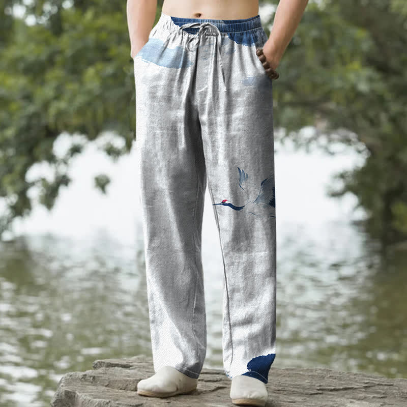 Buddha Stones Pantalon fuselé pour homme en coton à motif de grues à couronne rouge, avec poches - Bleu clair - US/UK/AU50，EU60 (5XL) - image 0