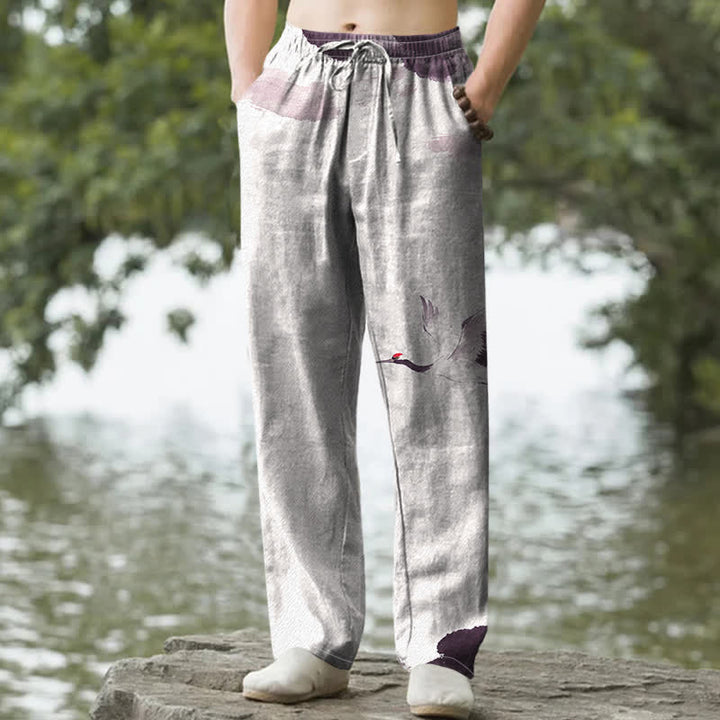 Buddha Stones Pantalon fuselé pour homme en coton à motif de grues à couronne rouge, avec poches - Terre de sienne - US/UK/AU50，EU60 (5XL) - image 4