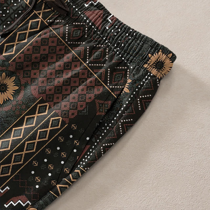 Buddha Stones Pantalon fuselé pour homme en coton à motif floral et géométrique bohème, avec poches - image 2