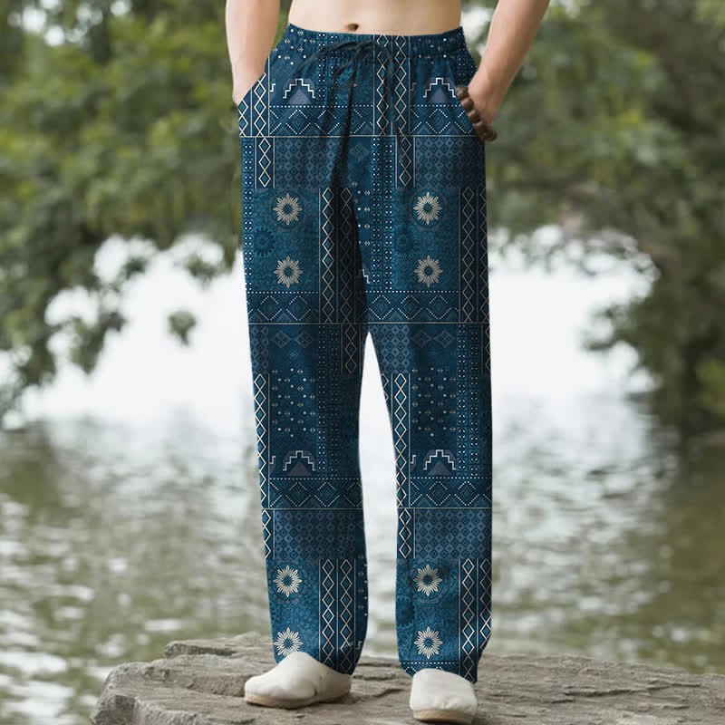 Buddha Stones Pantalon fuselé pour homme en coton à motif floral et géométrique bohème, avec poches - Sarcelle - US/UK/AU50，EU60 (5XL) - image 4
