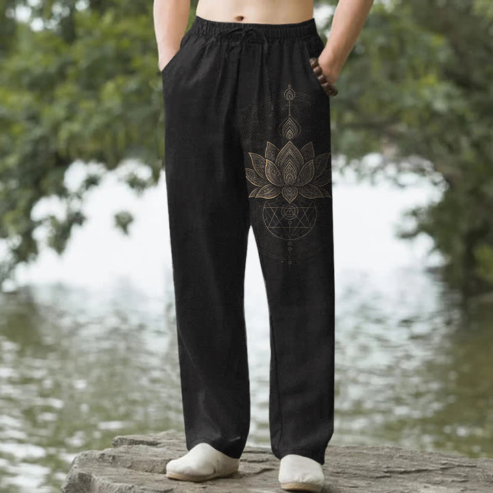 Buddha Stones Pantalon fuselé pour homme en coton à motif mandala de lotus, avec poches - Noir - US/UK/AU50，EU60 (5XL) - image 0