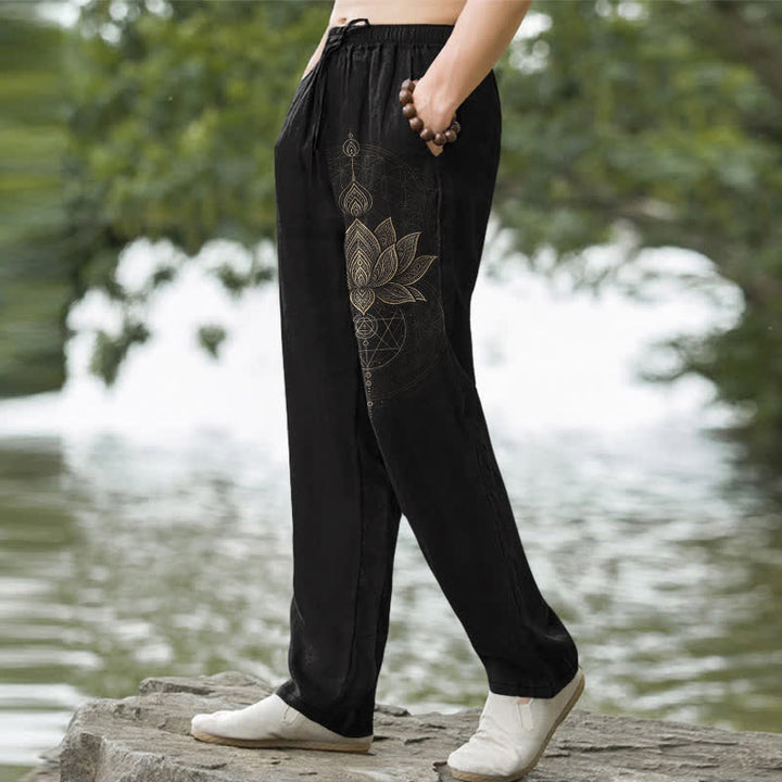 Buddha Stones Pantalon fuselé pour homme en coton à motif mandala de lotus, avec poches - image 1