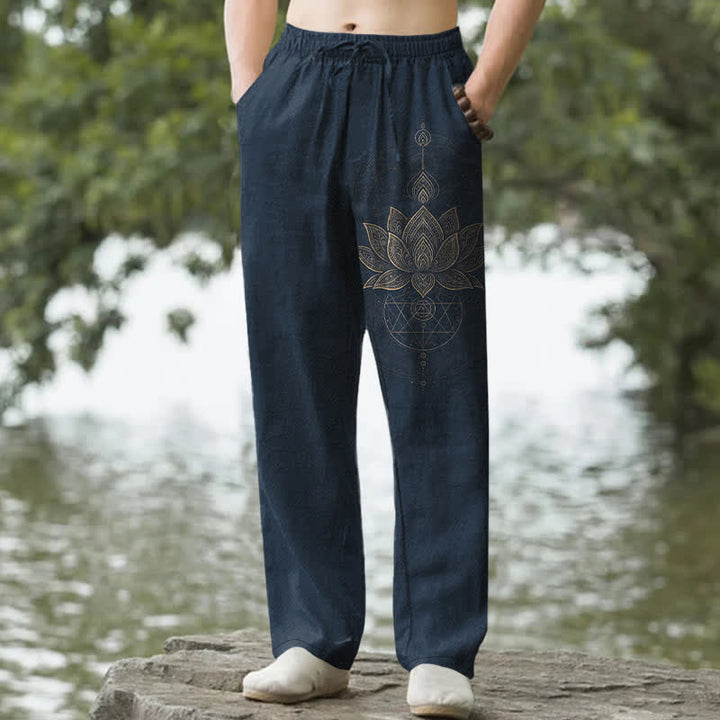 Buddha Stones Pantalon fuselé pour homme en coton à motif mandala de lotus, avec poches - Marine - US/UK/AU50，EU60 (5XL) - image 4