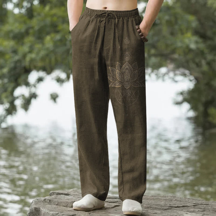 Buddha Stones Pantalon fuselé pour homme en coton à motif mandala de lotus, avec poches - Olive - US/UK/AU50，EU60 (5XL) - image 6