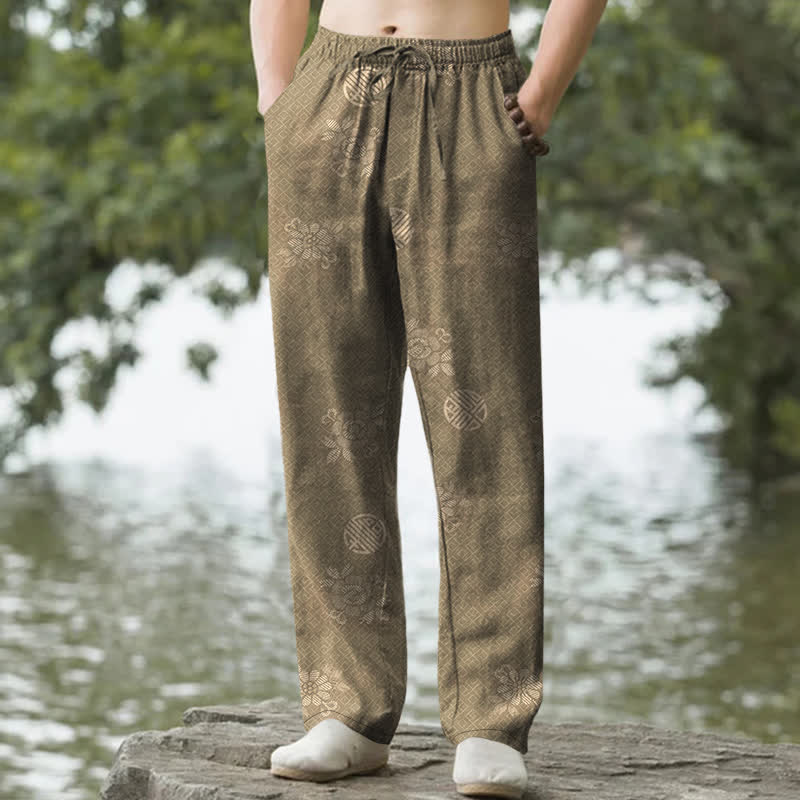 Buddha Stones Pantalon fuselé pour homme en coton à motif géométrique tribal avec poches - Kaki foncé - US/UK/AU50，EU60 (5XL) - image 0