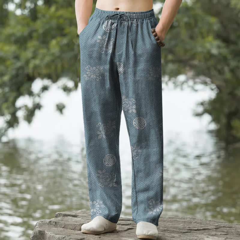 Buddha Stones Pantalon fuselé pour homme en coton à motif géométrique tribal avec poches - CadetBlue - US/UK/AU50，EU60 (5XL) - image 4