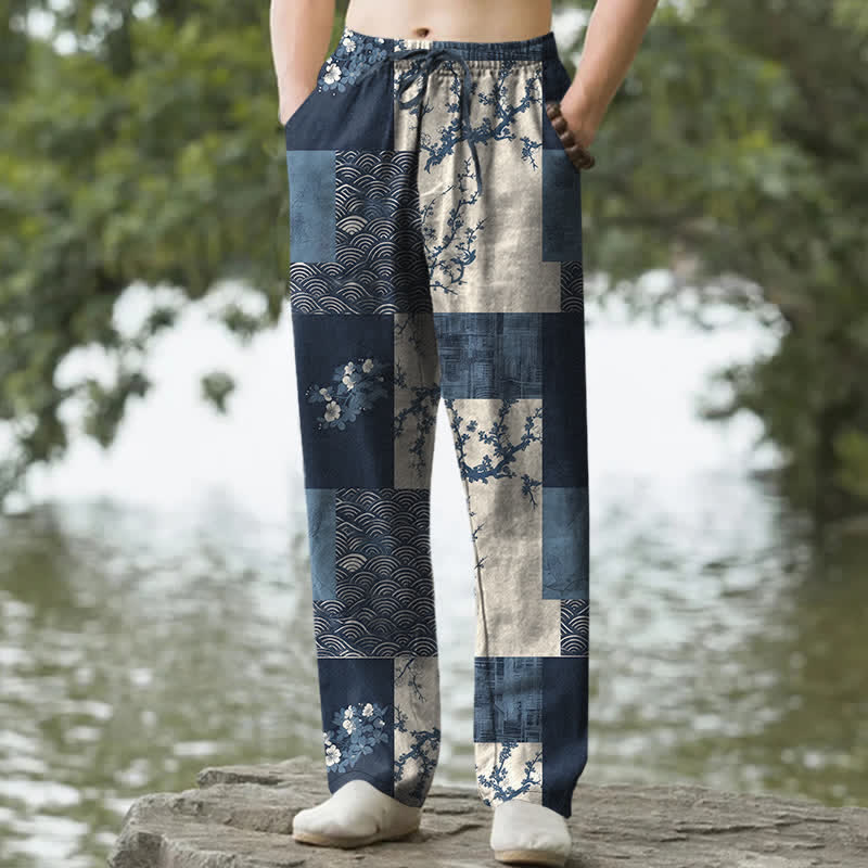 Buddha Stones Pantalon fuselé pour homme en patchwork de coton à motif floral ondulé, avec poches - Marine - US/UK/AU50，EU60 (5XL) - image 0