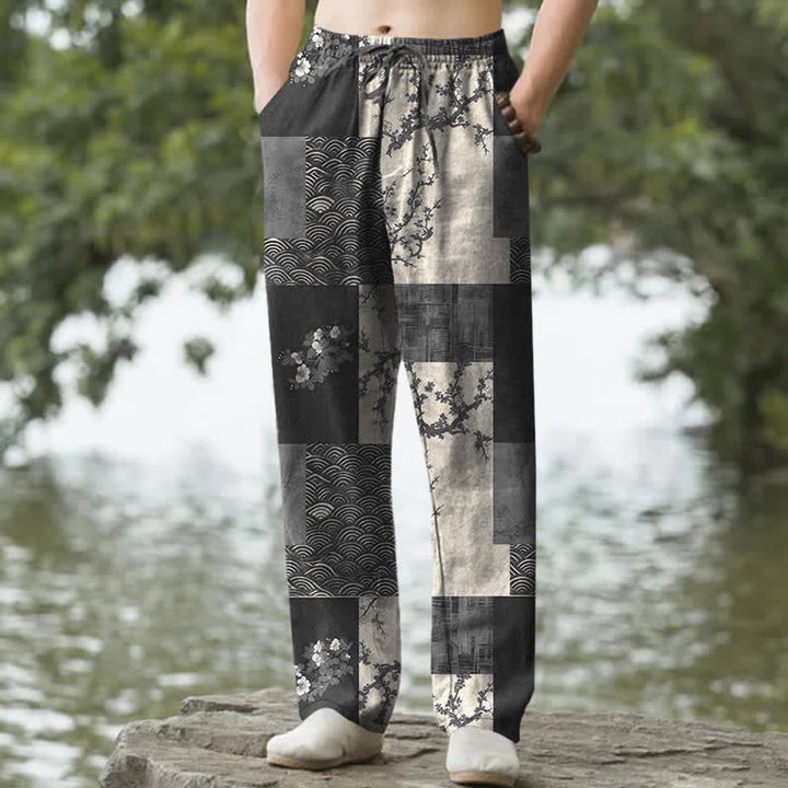 Buddha Stones Pantalon fuselé pour homme en patchwork de coton à motif floral ondulé, avec poches - Noir - US/UK/AU50，EU60 (5XL) - image 4