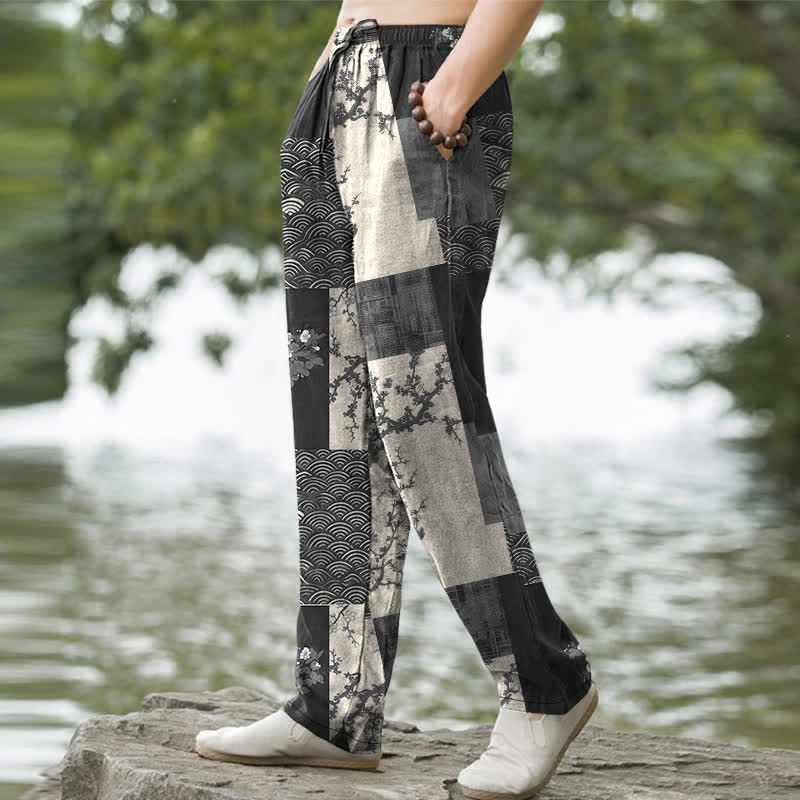Buddha Stones Pantalon fuselé pour homme en patchwork de coton à motif floral ondulé, avec poches - image 5