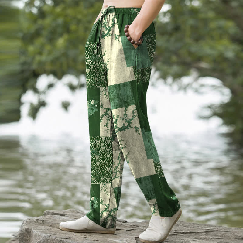 Buddha Stones Pantalon fuselé pour homme en patchwork de coton à motif floral ondulé, avec poches - image 7