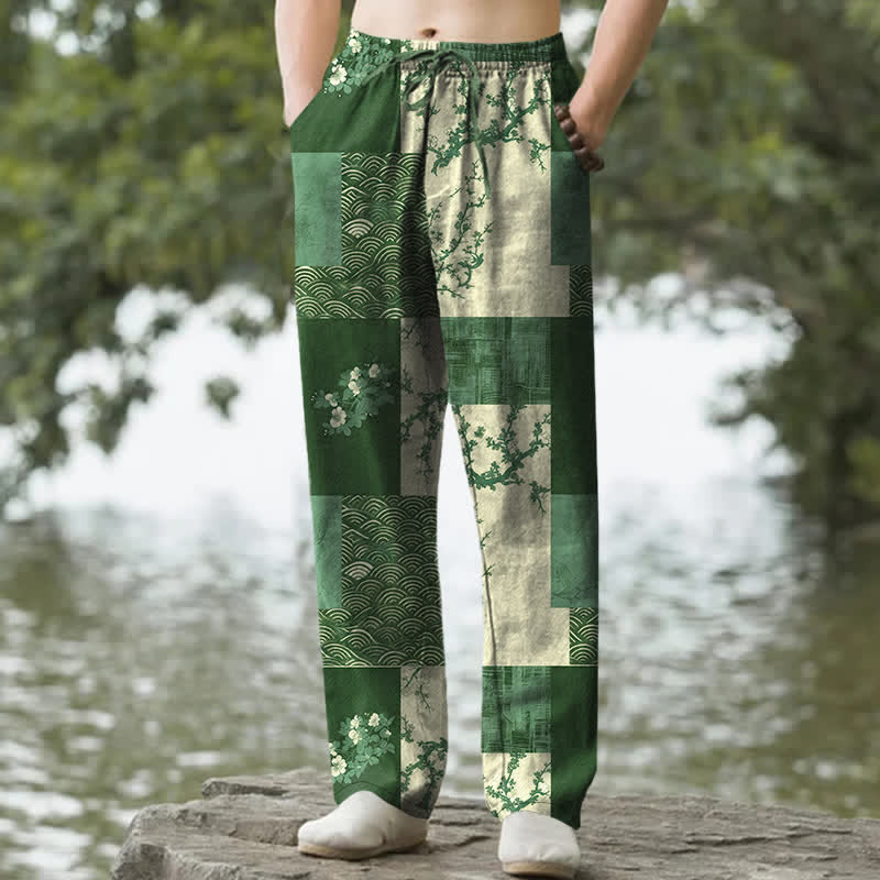 Buddha Stones Pantalon fuselé pour homme en patchwork de coton à motif floral ondulé, avec poches - Vert forêt - US/UK/AU50，EU60 (5XL) - image 6