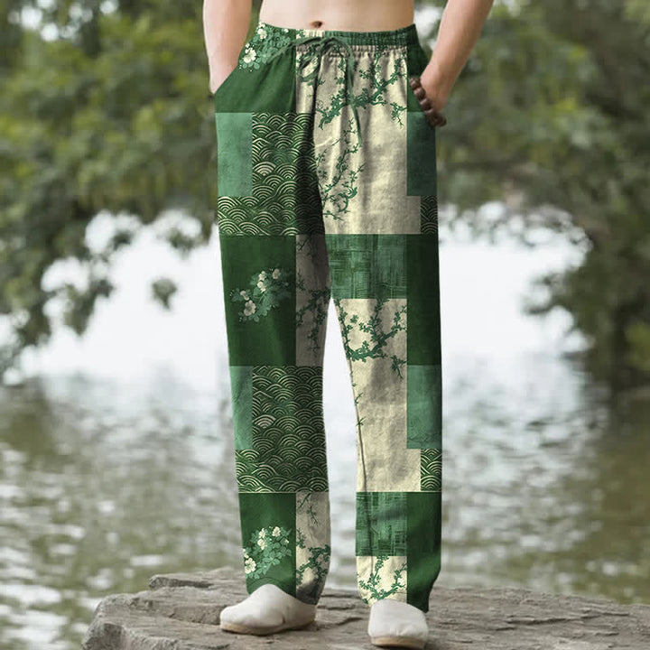 Buddha Stones Pantalon fuselé pour homme en patchwork de coton à motif floral ondulé, avec poches - Vert forêt - US/UK/AU50，EU60 (5XL) - image 6