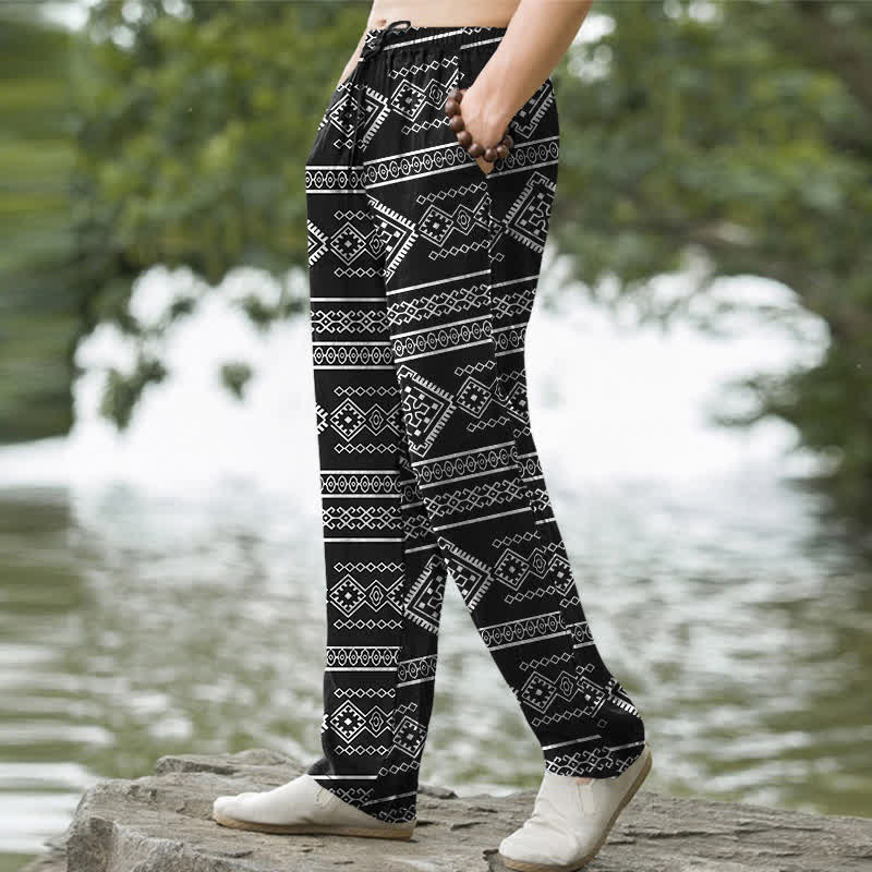 Buddha Stones Pantalon fuselé pour homme en coton à rayures géométriques tribales, avec poches - image 1