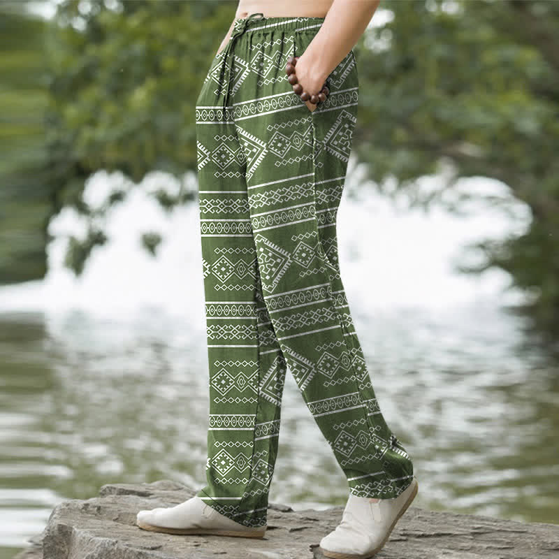 Buddha Stones Pantalon fuselé pour homme en coton à rayures géométriques tribales, avec poches - image 7